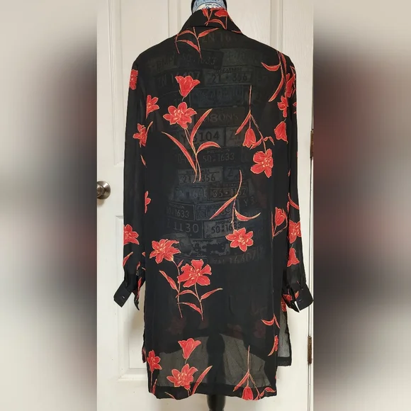 Blair Black Sheer Shirt with Red Floral Accents - Picture 3 of 4